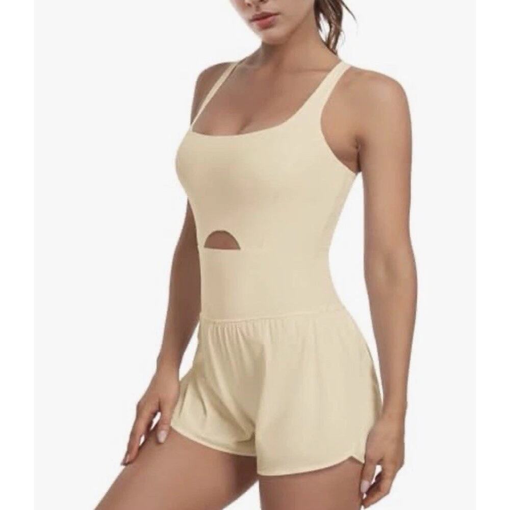 Womens Workout Romper One Piece Bodysuit Shorts Jumpsuit Gym Yoga Athletic Beige - Picture 3 of 6